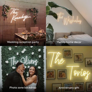 K&ouml;nnte beinhalten: Vier verschiedene Beispiele f&uuml;r personalisierte Neon-Schilder mit wei&szlig;en Buchstaben. Die Schilder werden in verschiedenen Umgebungen gezeigt, darunter ein Hochzeitsempfang, ein Familienheim, ein Foto-Hintergrund und ein Jubil&auml;umsgeschenk.