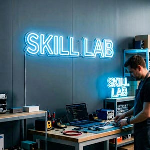 May include: A light blue neon sign that reads "SKILL LAB" is mounted on a gray wall. The sign is 36 inches wide. A smaller, matching sign is visible on a shelf. A person works at a desk with a laptop and electronic components.