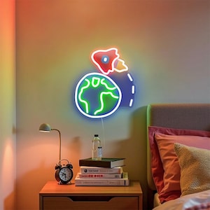 Luz de neón LED con dibujos animados de la Tierra y un cohete: acento espacial azul, verde y rojo vibrante para habitaciones de niños, guarderías, aulas y salas de juegos