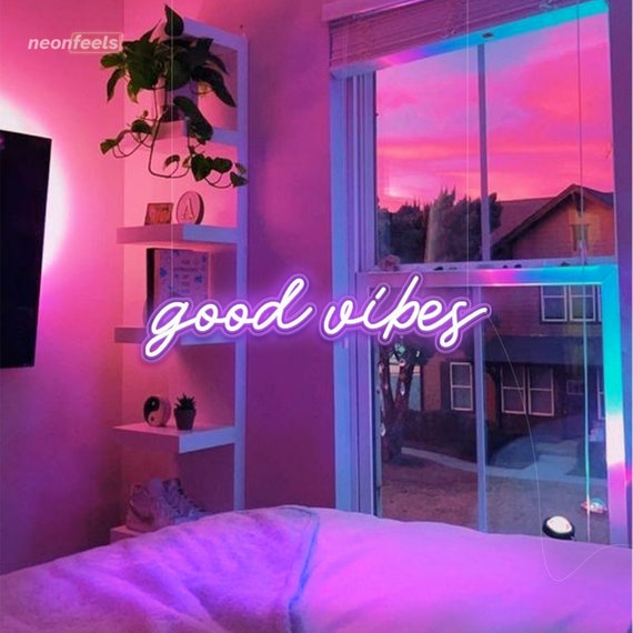 Purple Neon Sign Good Vibes Aesthetic Dimmable Light up Sign for Wall Decor,  LED Neon Illuminated Text 