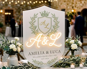 Wedding Crest LED Neon Sign, Personalized Acrylic Monogram Light, Freestanding Reception Table Sign for Elegant Venue Decor