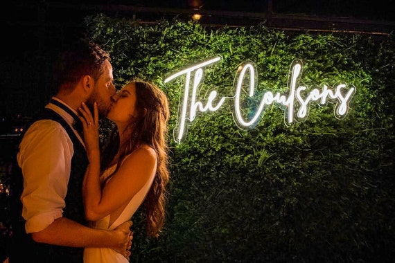 Wedding neon sign for photo zone, greenery wall