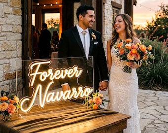 Rustic Wedding LED Neon Sign, Forever Last Name Light for Welcome Table, Personalized Reception Entrance Decor and Photo Display for Guests