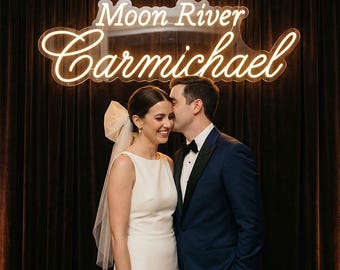 Romantic Wedding LED Neon Sign, Moon River Last Name Light for Reception Backdrop, Personalized Couple Photo Wall Display Decor for Photos