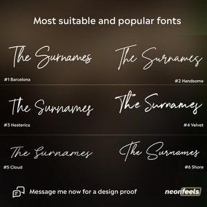 K&ouml;nnte beinhalten: Eine Grafik mit sechs verschiedenen Schriftarten f&uuml;r den Text "The Surnames". Jede Schriftart ist mit einer Nummer und einem Namen gekennzeichnet, z. B. "#1 Barcelona" und "#2 Handsome". Die Grafik hat einen dunklen Hintergrund und wei&szlig;en Text.