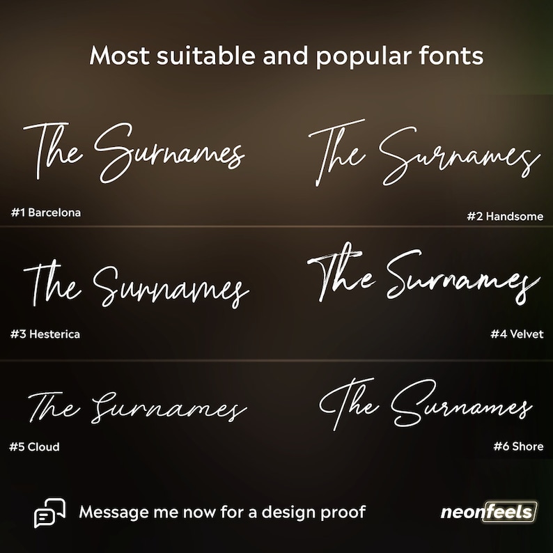 K&ouml;nnte beinhalten: Eine Grafik mit sechs verschiedenen Schriftarten f&uuml;r den Text "The Surnames". Jede Schriftart ist mit einer Nummer und einem Namen gekennzeichnet, z. B. "#1 Barcelona" und "#2 Handsome". Die Grafik hat einen dunklen Hintergrund und wei&szlig;en Text.