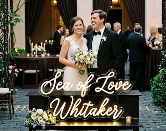 Custom Wedding LED Neon Sign, Sea of Love Last Name Light for Reception Table, Personalized Bridal Dinner Decor and Table Photo Display