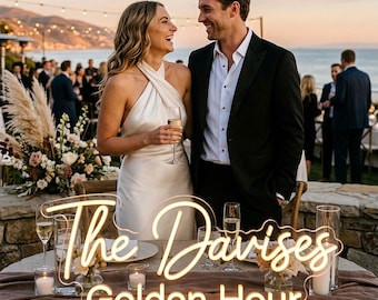 Golden Hour Wedding LED Neon Sign, Custom Last Name Light for Outdoor Reception Table, Personalized Couple Dinner Photo Decor Display
