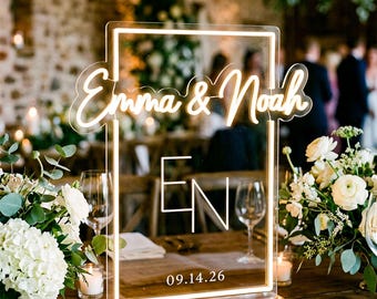 Personalized Wedding Frame LED Neon Sign, Custom Acrylic Name Light for Guest Book Table and Reception Display