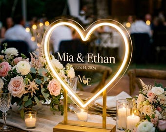 Heart Wedding LED Neon Sign, Personalized Acrylic Couple Name Light, Freestanding Reception Table Centerpiece