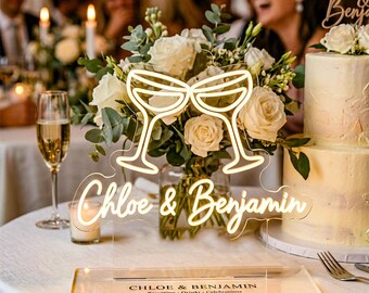 Champagne Wedding LED Neon Sign, Personalized Acrylic Couple Name Light, Freestanding Cake Table or Reception Decor