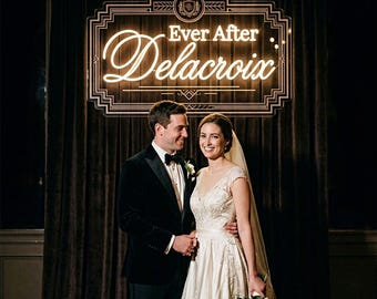 Art Deco Wedding LED Neon Sign, Ever After Last Name Light for Reception Backdrop, Personalized Couple Photo Wall Decor Display for Photos