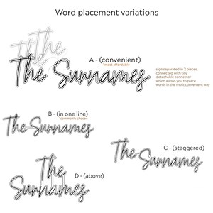 May include: Four different ways to arrange the words "The Surnames" in a decorative font. The first option shows the words separated into two pieces, the second option shows the words on one line, the third option shows the words staggered, and the fourth option shows the word "The" above the word "Surnames".