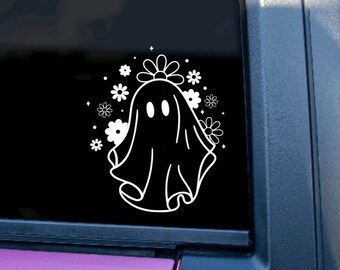Retro Daisy Flower Gespenst | Little Boo On Board Sticker | Geist Auto Aufkleber | Halloween Baby an Bord | Little Boo | Vintage Blume Floral