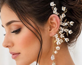Wedding Ear Cuff No Piercing Bridal Floral Ear Wrap White Swarovski Crystal Dangles