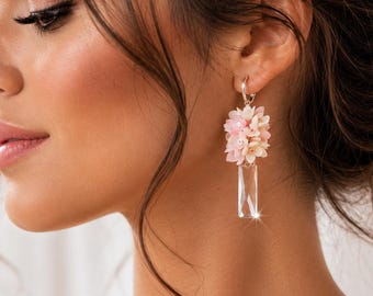 Pink blossom bridal floral earrings Swarovski crystal wedding dangles Cold porcelain earrings