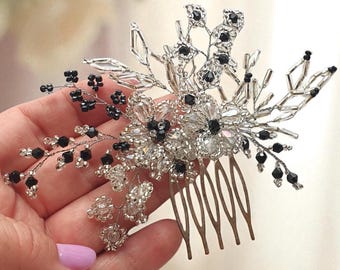 Silver crystal wedding hair comb Bridal headpiece Romantic goth bridal flower jewelry