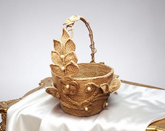 Flower girl basket Burlap wedding basket Rustic ring bearer box Jute petal holder