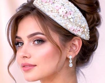 Pearl Juliet cap Pink blossom beaded 1920s Art Deco bridal hairpiece Floral wedding headband