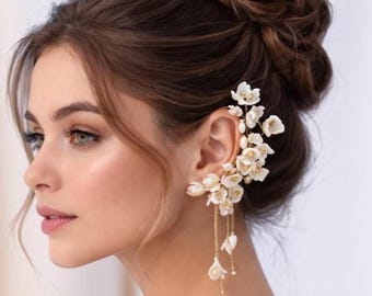 Bridal ear cuff no piercing Wedding ear wrap with cold porcelain flowers & chain dangles