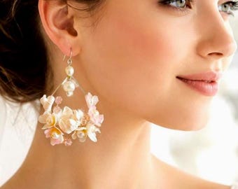 Bridal flower earrings Wedding pink blossom dangles Freshwater pearl & cold porcelain