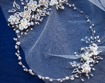 Bridal hair vine Pearl wedding headpiece White floral crown Opal blue crystal hair accessory