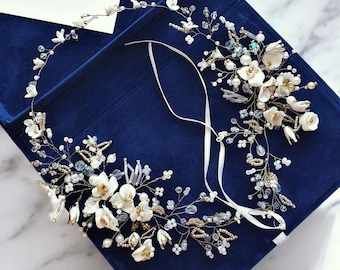 Bridal hair vine Wedding flower headpiece Cold porcelain floral tiara Romantic bride