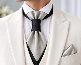 Pre-tied silver ascot tie Groom wedding cravat Short mens tie with pocket square