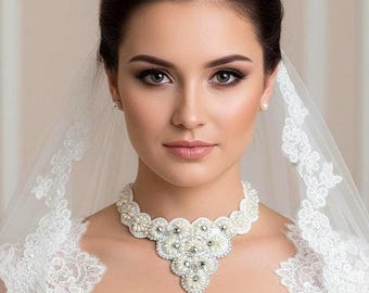 Pearl choker Bridal lace necklace Embroidered ivory white wedding neckwear