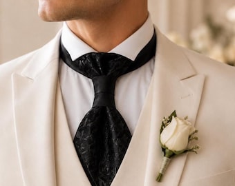 Jacquard pre-tied ascot tie Groom black wedding cravat Houndstooth ascot Short mens tie