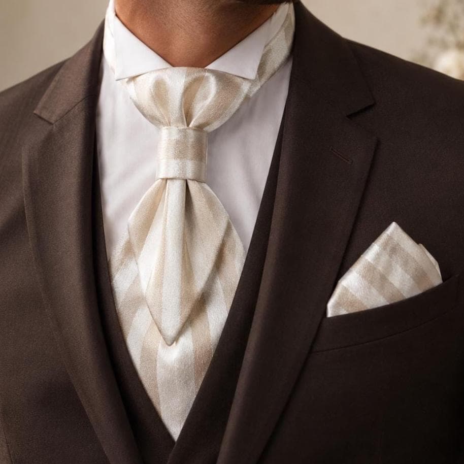 Ivory striped pre-tied ascot tie pocket square set Groom wedding cravat Short silk groomsmen ties