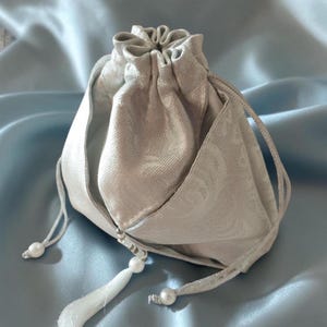 Wedding money pouch Bridal drawstring bag Keepsake silver brocade potli bag with tassel