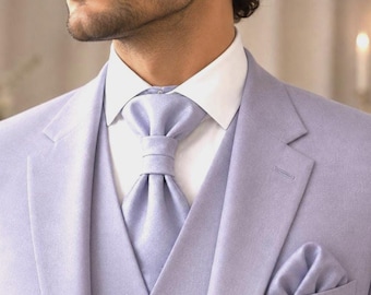 Pre-tied lavender silk ascot tie & pocket square set Regency wedding cravat Short mens necktie