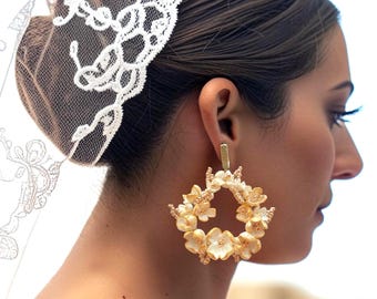 Gold wedding hoop earrings Bridal porcelain flower chandeliers Romantic bride jewelry