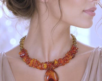 Vintage Baltic amber choker necklace Fall wedding jewelry with smoky quartz Handmade