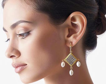 Pearl diamond earrings Bridal crystal chandeliers Wedding jewelry for bride