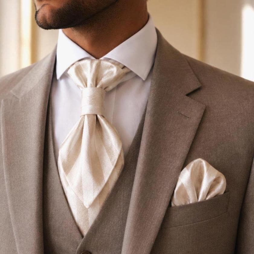 Ivory striped pre-tied ascot tie pocket square set Groom wedding cravat Short silk groomsmen ties