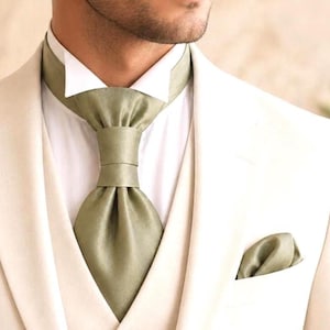 Olive green pre-tied ascot tie Rustic groom wedding cravat Saga green taffeta pocket square