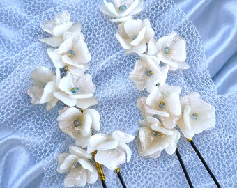Horquillas para el cabello de novia, horquillas para el cabello de boda, accesorios florales de arcilla para el cabello, tocado de novia de flores blancas