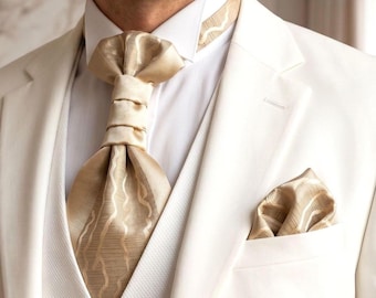 Pre-tied gold ascot tie Groom wedding cravat Silk pocket square