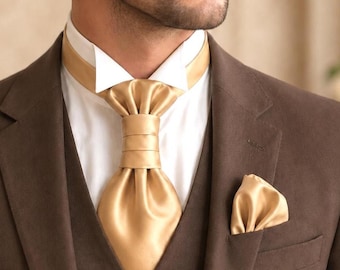 Pre-tied gold satin ascot tie & pocket square set Groom wedding cravat Short mens necktie