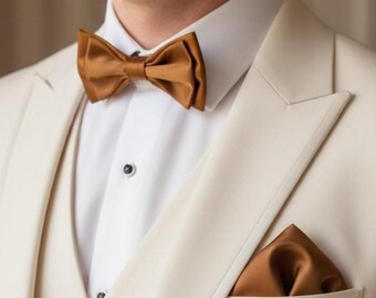 Burnt Orange Bow Tie Pocket Square Set, Rust Groom Bow Tie, Autumn Wedding Mens Accessories