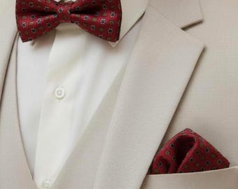 Burgundy bow tie pocket square set Pre-tied silk groom bow tie Geometric wedding formal attire