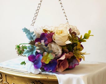 Flower girl basket Fairy bride basket Rustic jute wedding decor Purple wildflower petal holder