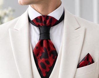 Pre-tied ascot tie & pocket square set Red black groom wedding cravat