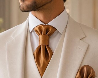 Pre-tied ascot tie & satin pocket square Burnt orange groom wedding cravat Short mens necktie