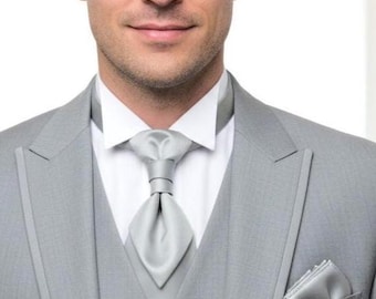 Pre-tied light gray satin ascot tie & pocket square set Groom wedding cravat Short mens necktie