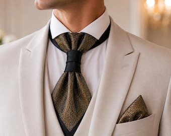 Pre-tied ascot tie & pocket square Groom wedding cravat Antique gold knitted fabric black satin