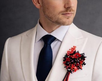 Floral lapel pin Gothic wedding boutonniere Fairy groomsmen gift Red black groom buttonhole