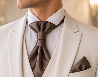 Pre-tied ascot tie satin pocket square set Groom wedding cravat Short mens necktie Chocolate Brown